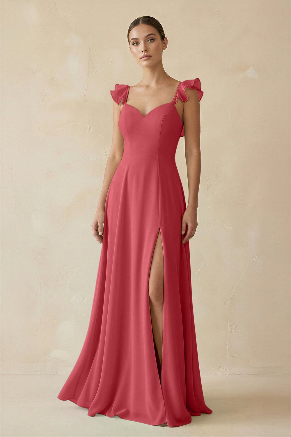 Ruffled Chiffon A - Line Long Bridesmaid Dress in Merlot - SHE IS ME
