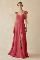 Ruffled Chiffon A - Line Long Bridesmaid Dress in Merlot - SHE IS ME