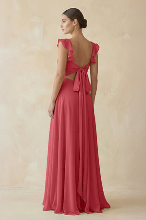 Ruffled Chiffon A - Line Long Bridesmaid Dress in Merlot - SHE IS ME