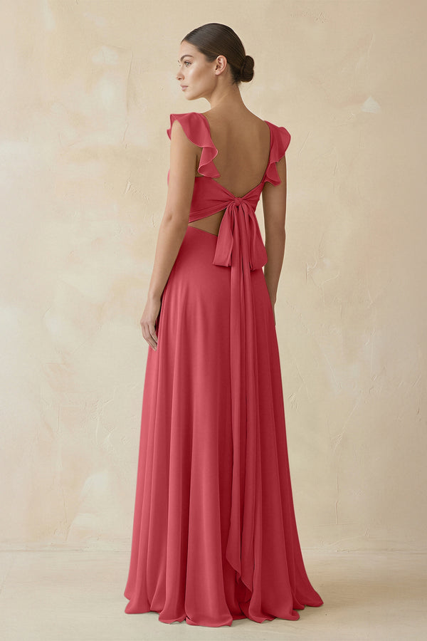 Ruffled Chiffon A - Line Long Bridesmaid Dress in Merlot - SHE IS ME