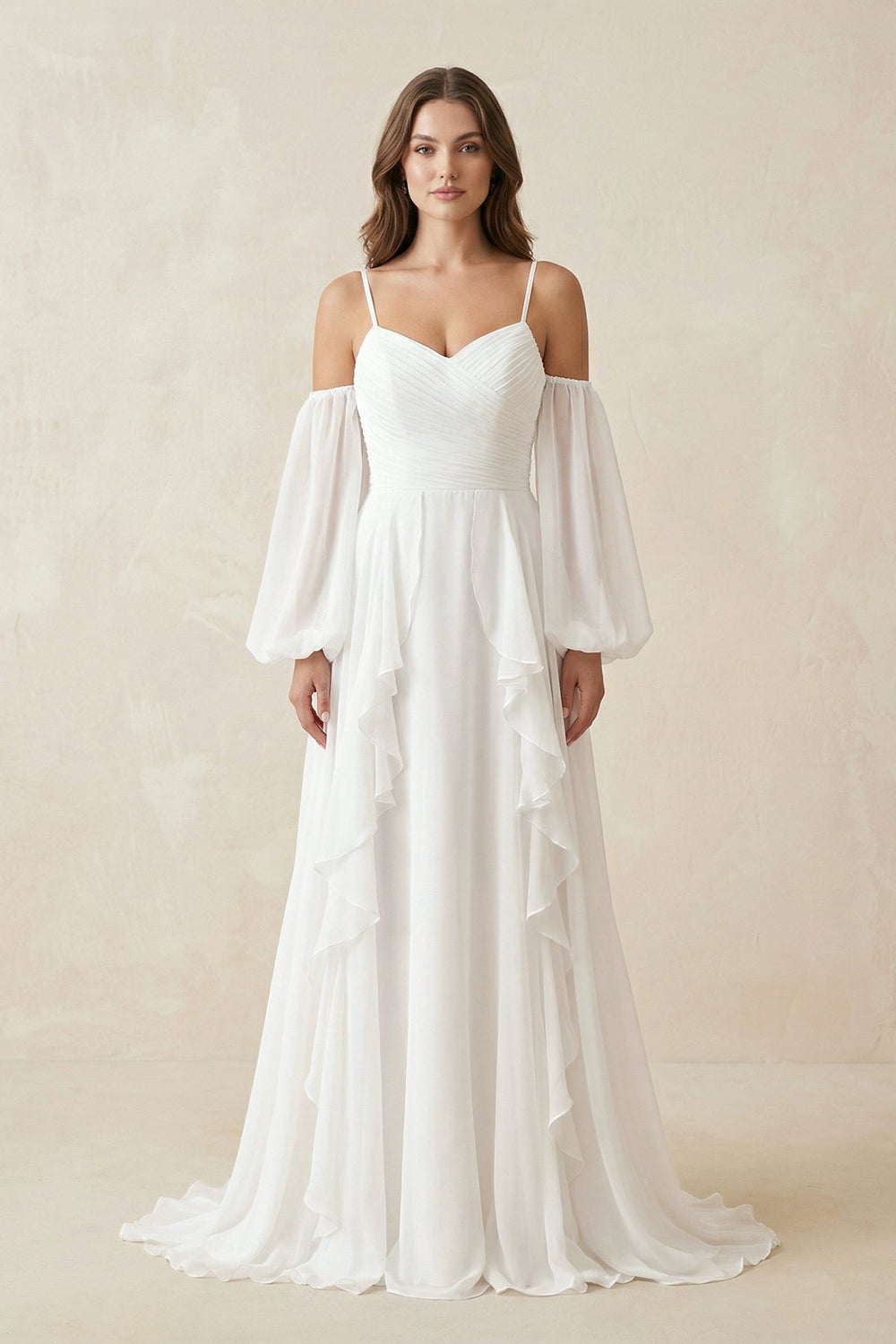 Ruffled Chiffon A - Line Wedding Dress With Detachable Sleeves in White - SHE IS ME Wedding Dresses