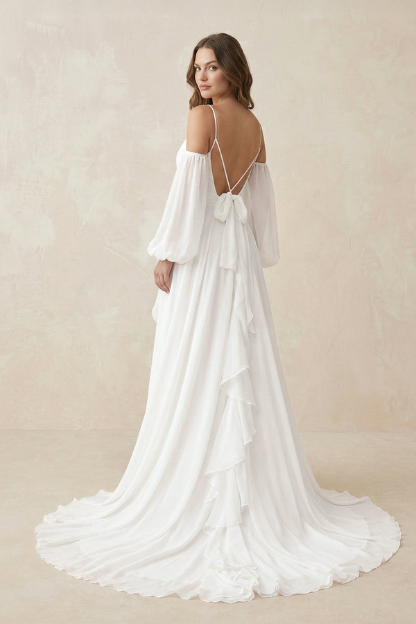 Ruffled Chiffon A - Line Wedding Dress With Detachable Sleeves in White - SHE IS ME Wedding Dresses