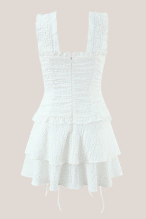 Ruffled Drawstring Pleated Warm White Square Neck Cotton Mini Dress in White - SHE IS ME Dresses