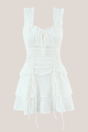 Ruffled Drawstring Pleated Warm White Square Neck Cotton Mini Dress in White - SHE IS ME Dresses