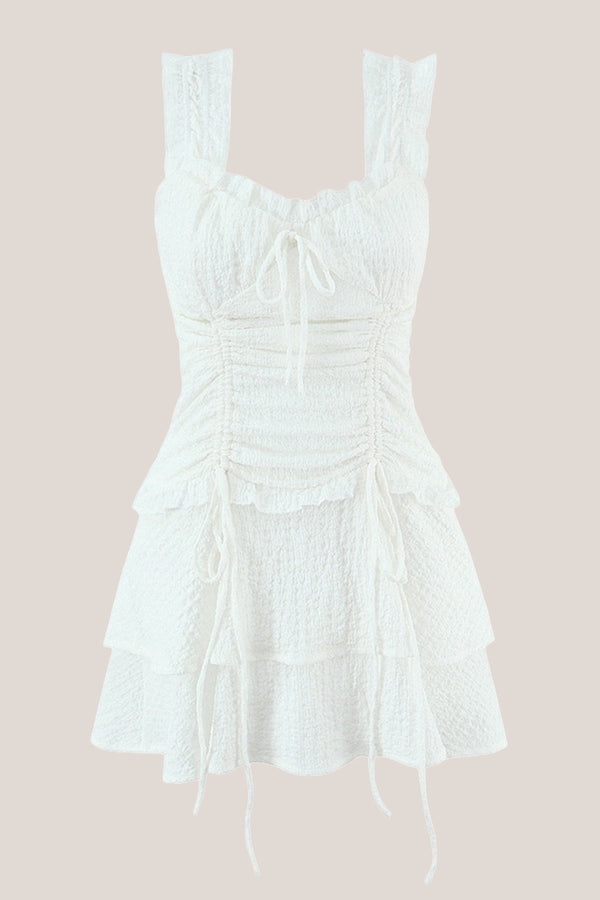 Ruffled Drawstring Pleated Warm White Square Neck Cotton Mini Dress in White - SHE IS ME Dresses