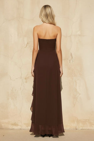 Ruffled High - Low Maxi Dress in Brown - SHE IS ME