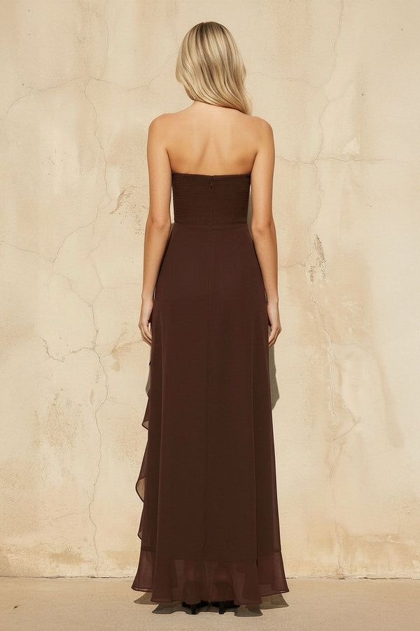 Ruffled High - Low Maxi Dress in Brown - SHE IS ME