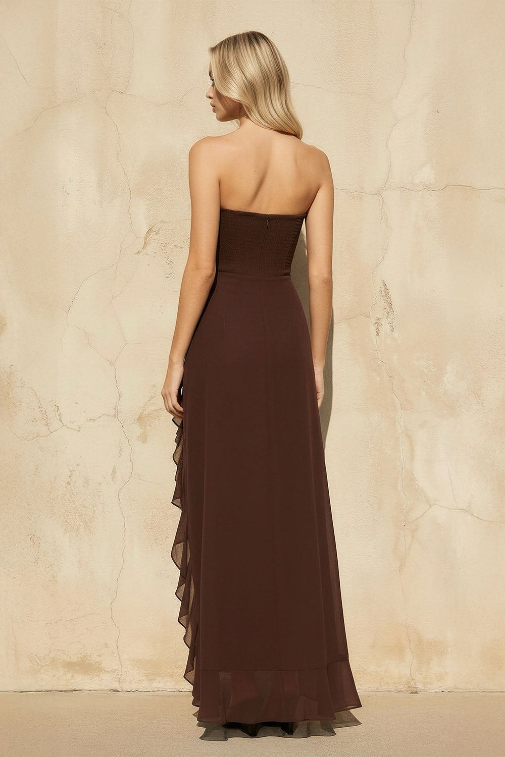 Ruffled High - Low Maxi Dress in Brown - SHE IS ME PROM DRESSES