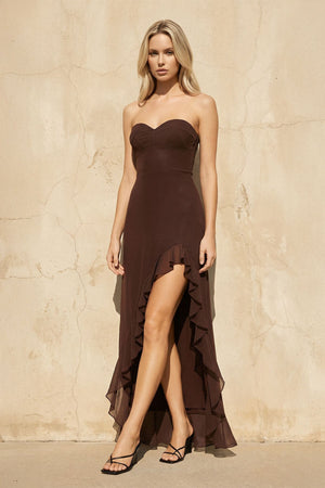 Ruffled High - Low Maxi Dress in Brown - SHE IS ME
