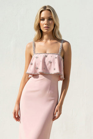 Ruffled Maxi Dress With Beading in Pink - SHE IS ME PROM DRESSES