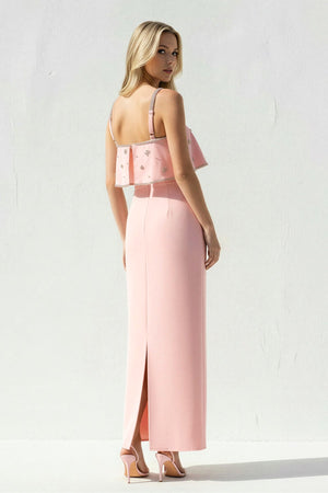 Ruffled Maxi Dress With Beading in Pink - SHE IS ME PROM DRESSES