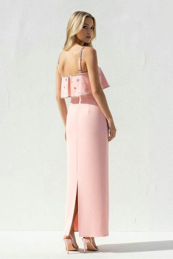 Ruffled Maxi Dress With Beading in Pink - SHE IS ME PROM DRESSES