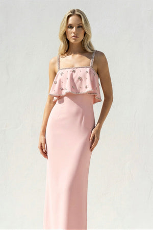 Ruffled Maxi Dress With Beading in Pink - SHE IS ME PROM DRESSES