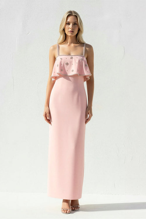 Ruffled Maxi Dress With Beading in Pink - SHE IS ME PROM DRESSES