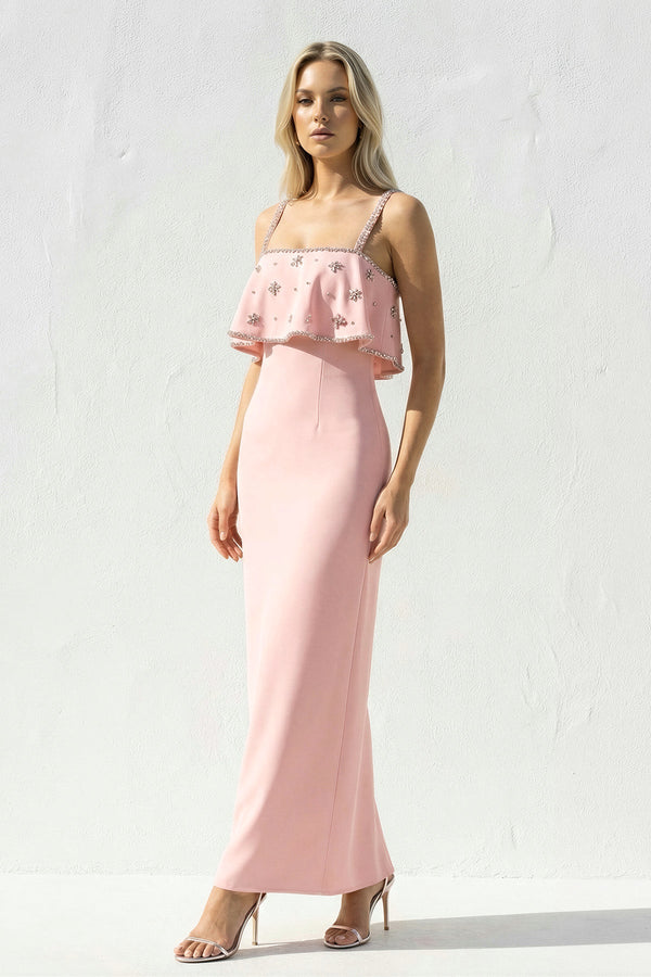 Ruffled Maxi Dress With Beading in Pink - SHE IS ME PROM DRESSES