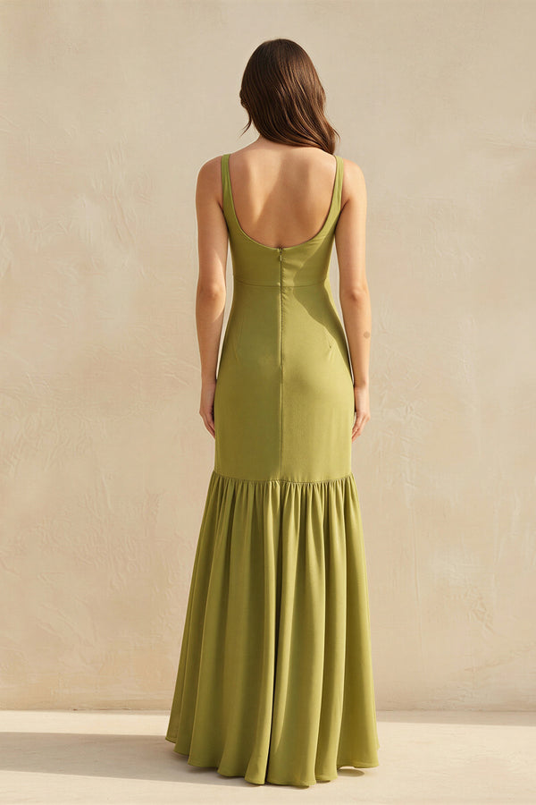 Ruffled Maxi Dress With Flower in Olive - SHE IS ME PROM DRESSES