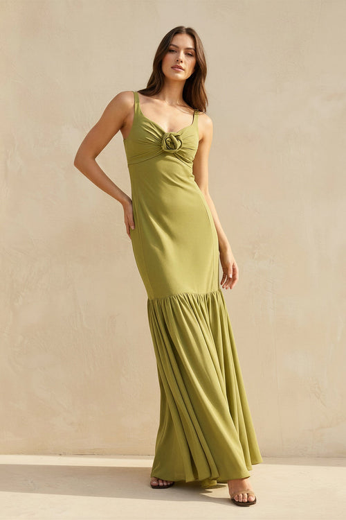 Ruffled Maxi Dress With Flower in Olive - SHE IS ME