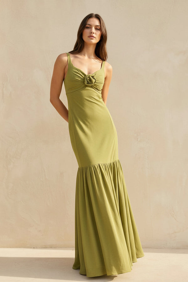 Ruffled Maxi Dress With Flower in Olive - SHE IS ME PROM DRESSES