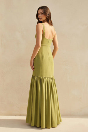 Ruffled Maxi Dress With Flower in Olive - SHE IS ME