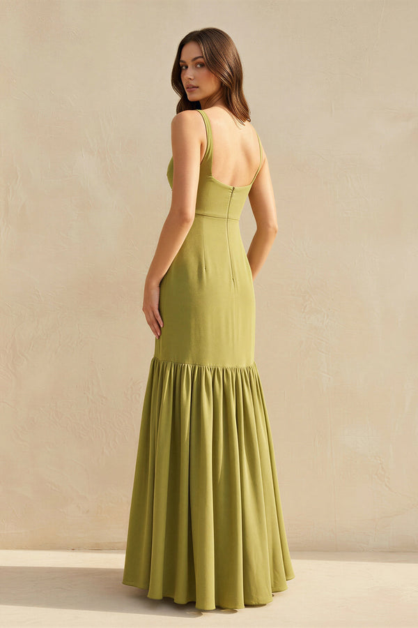 Ruffled Maxi Dress With Flower in Olive - SHE IS ME