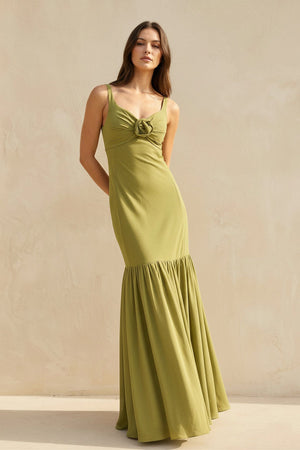 Ruffled Maxi Dress With Flower in Olive - SHE IS ME