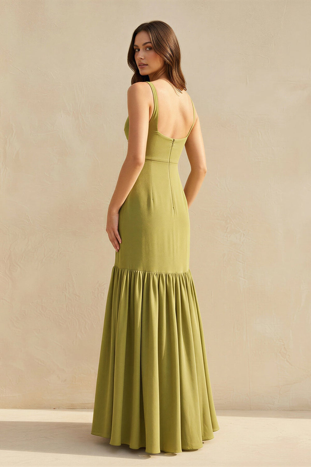 Ruffled Maxi Dress With Flower in Olive - SHE IS ME PROM DRESSES