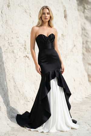Ruffled Mermaid Gown in Black and White - SHE IS ME