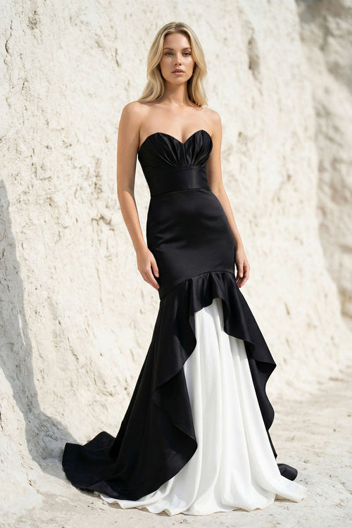 Ruffled Mermaid Gown in Black and White - SHE IS ME