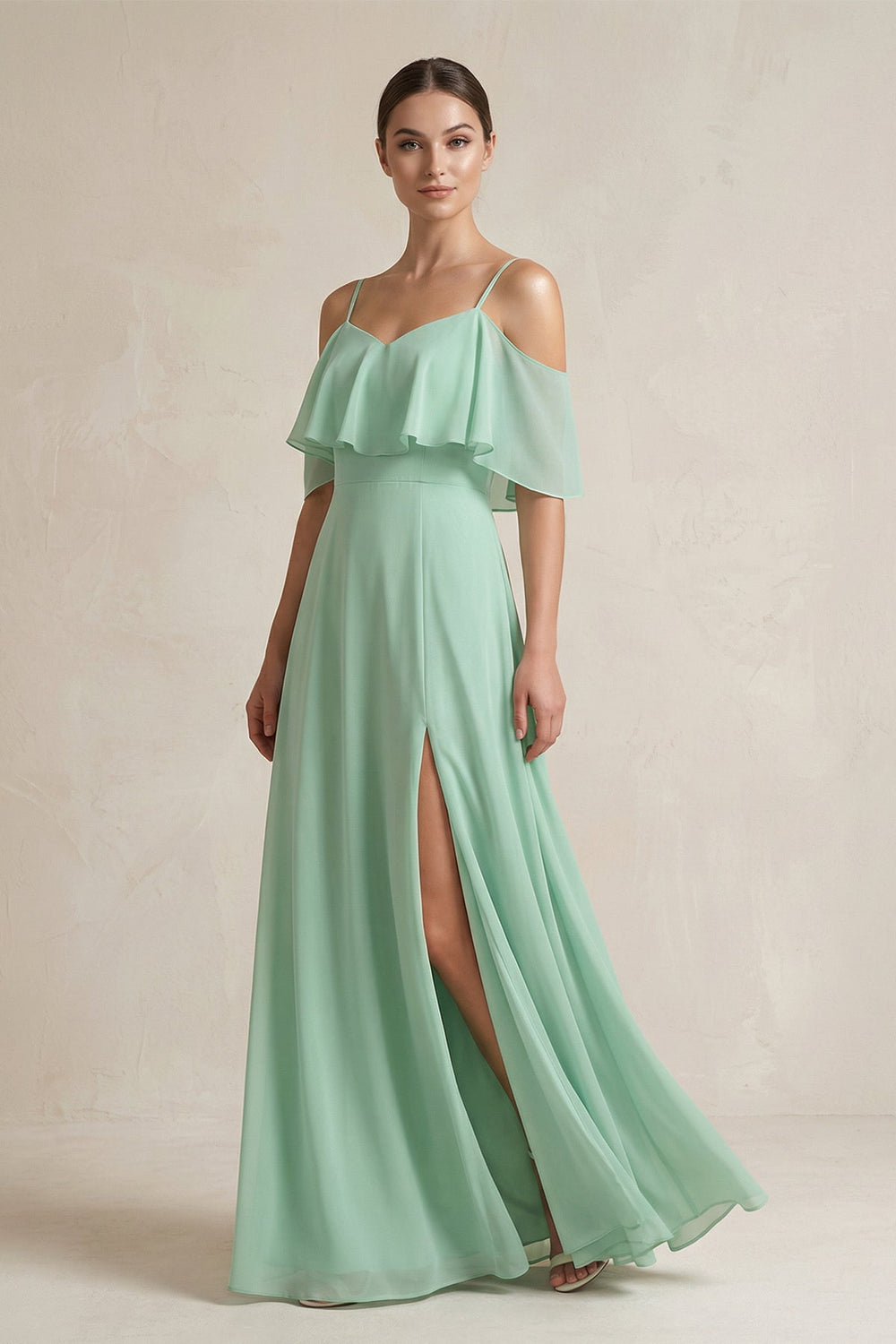 Ruffled Off - the - Shoulder A - Line Chiffon Bridesmaid Gown - SHE IS ME Bridesmaid Dresses