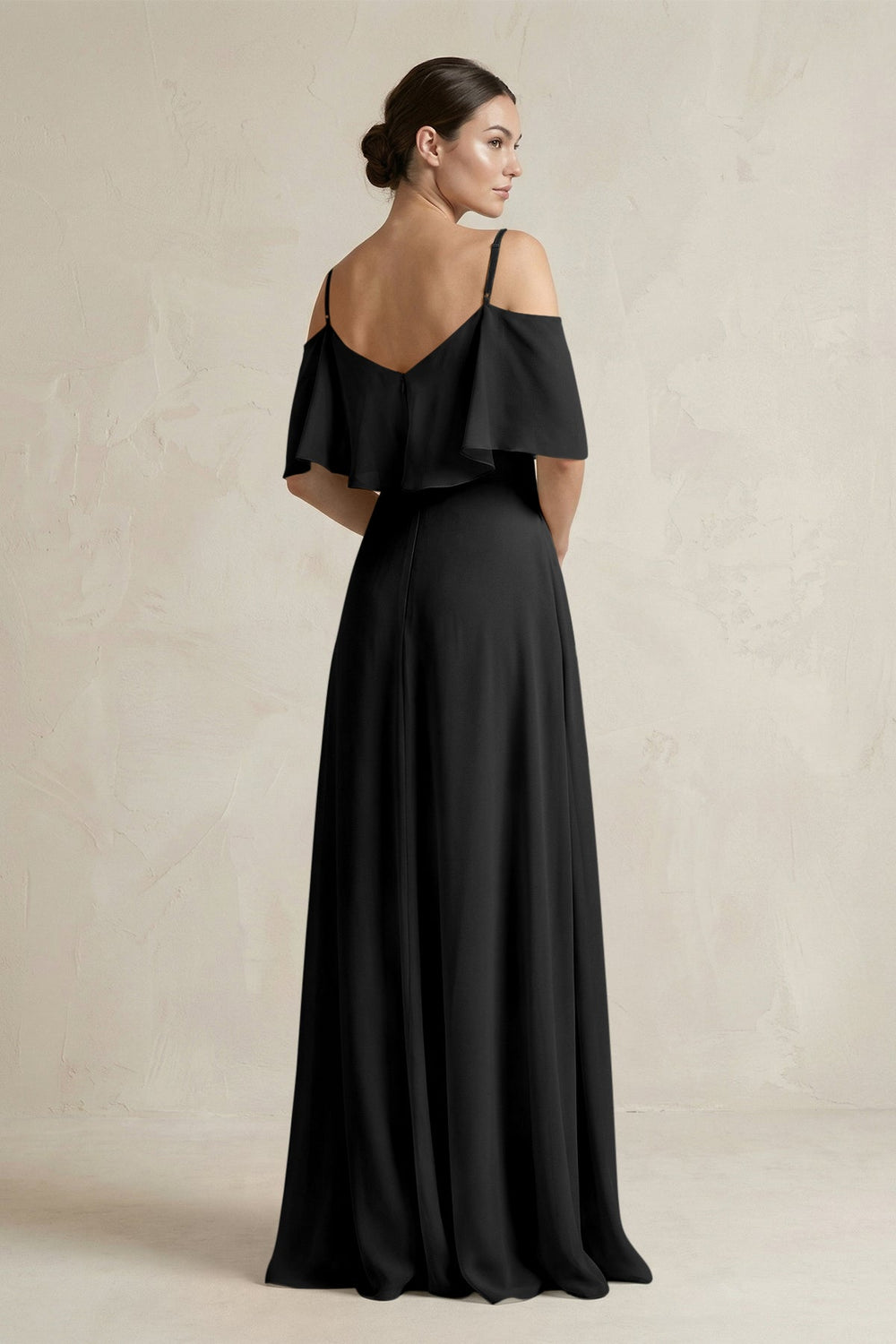 Ruffled Off - the - Shoulder A - Line Chiffon Bridesmaid Gown in Black - SHE IS ME Bridesmaid Dresses