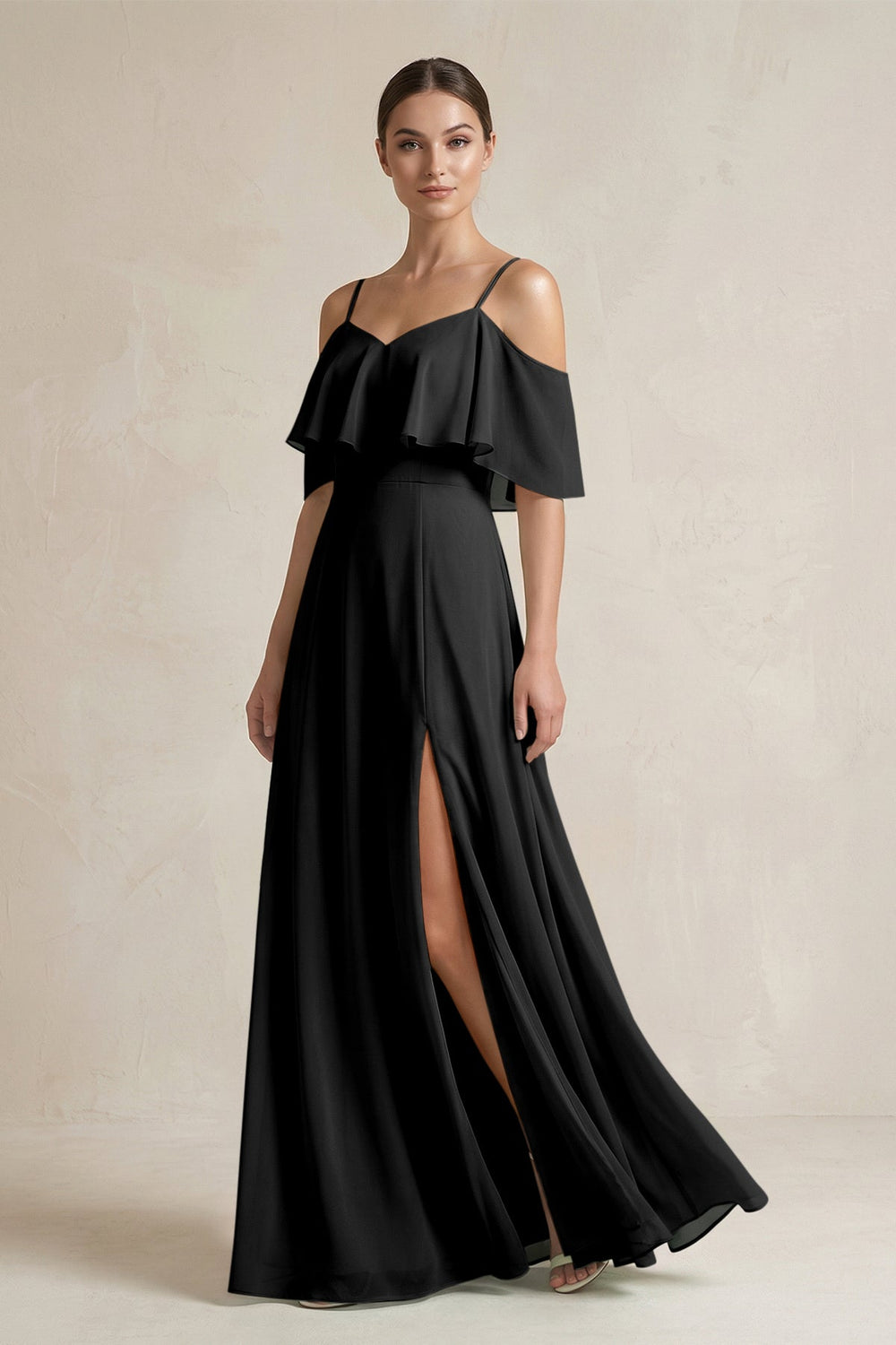 Ruffled Off - the - Shoulder A - Line Chiffon Bridesmaid Gown in Black - SHE IS ME Bridesmaid Dresses