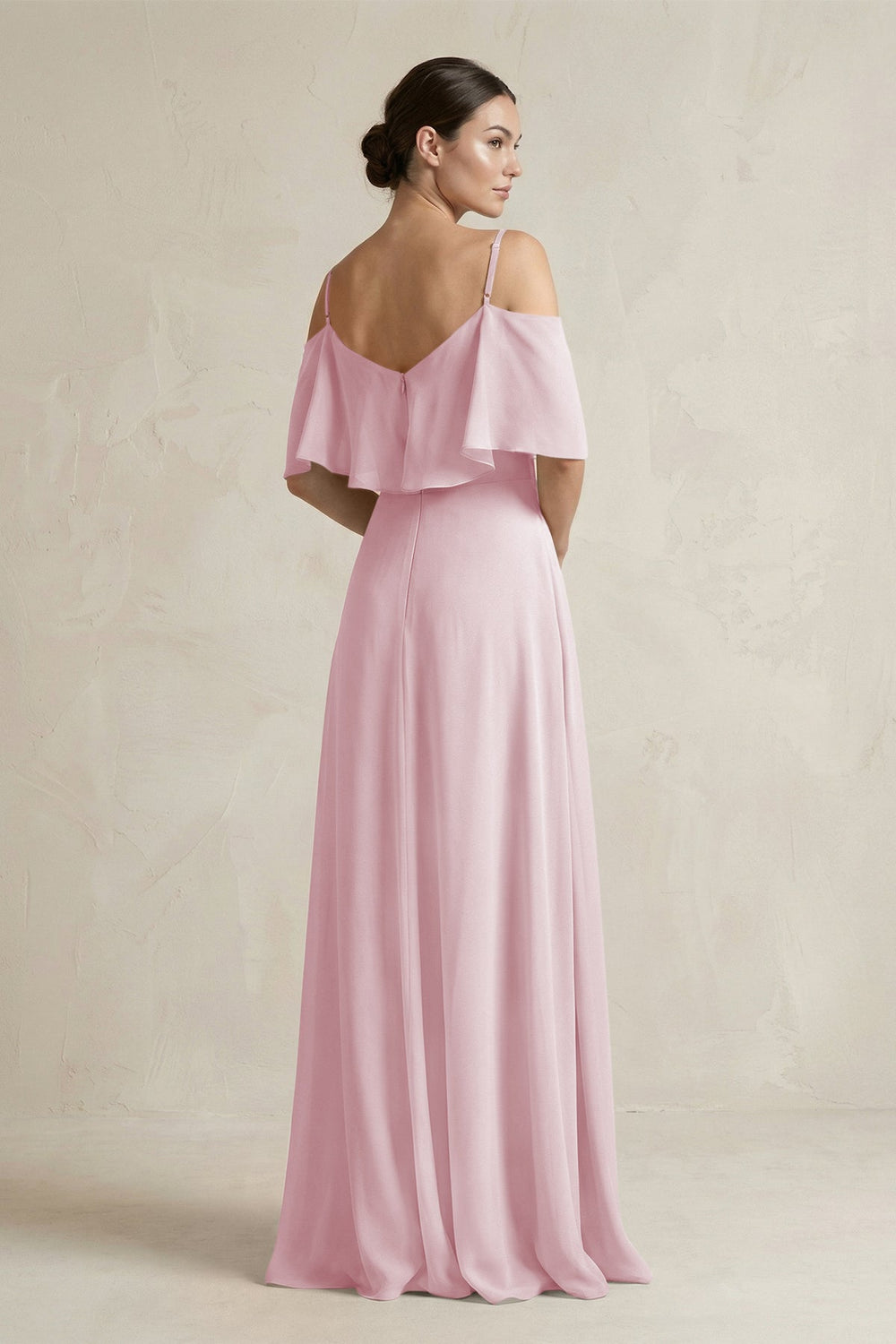 Ruffled Off - the - Shoulder A - Line Chiffon Bridesmaid Gown in Candy Pink - SHE IS ME Bridesmaid Dresses