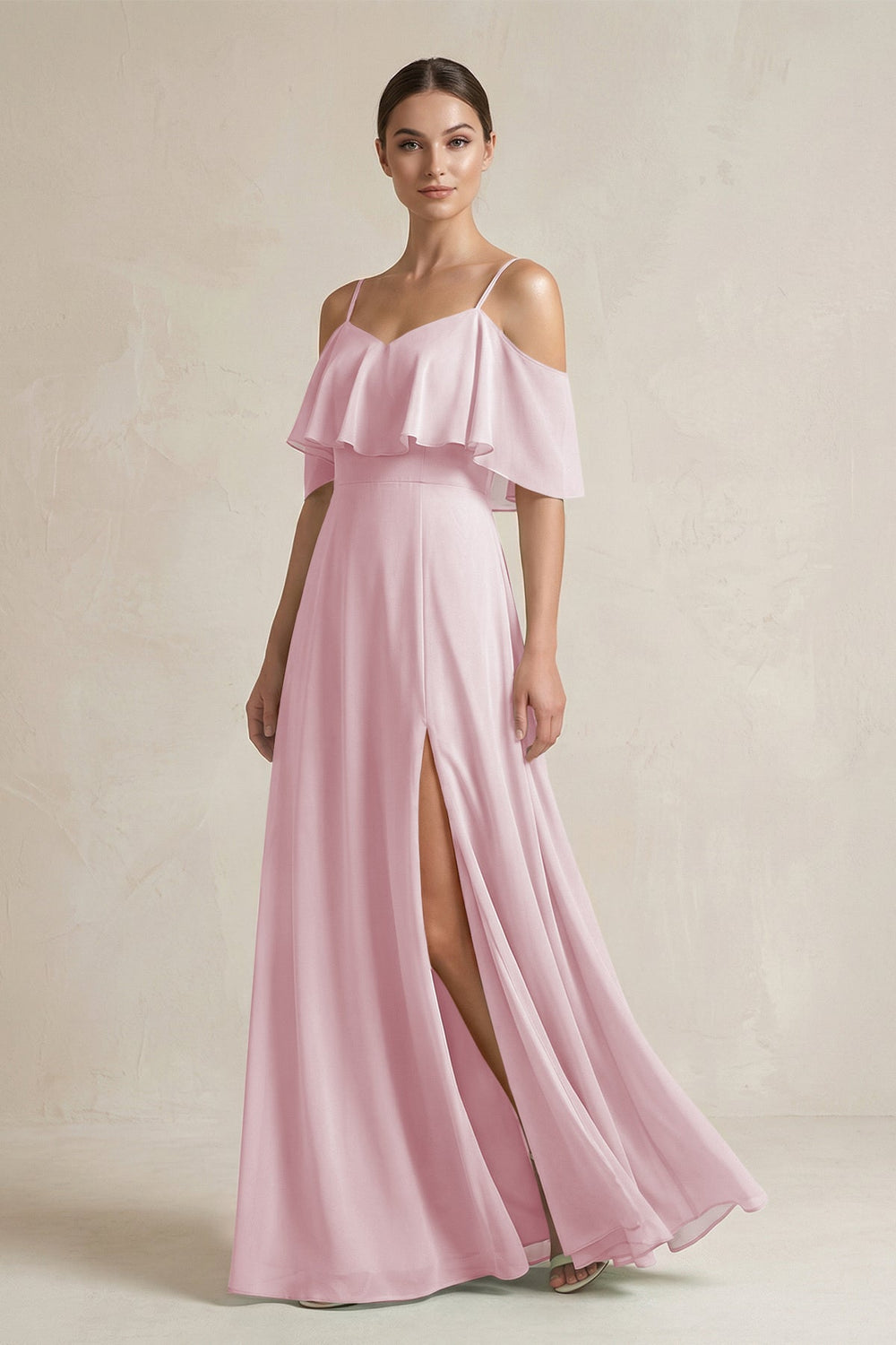 Ruffled Off - the - Shoulder A - Line Chiffon Bridesmaid Gown in Candy Pink - SHE IS ME Bridesmaid Dresses