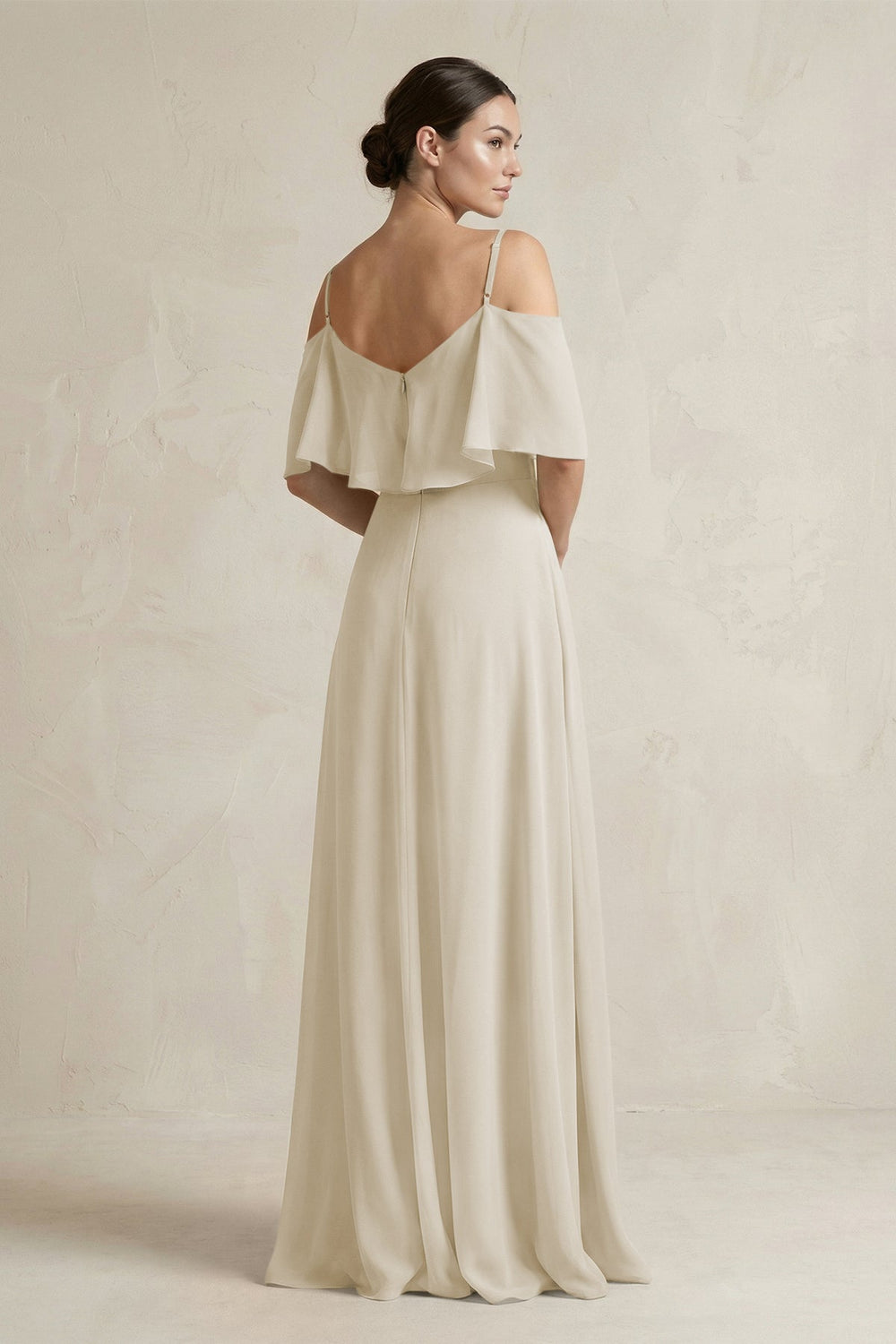 Ruffled Off - the - Shoulder A - Line Chiffon Bridesmaid Gown in Dove Gray - SHE IS ME Bridesmaid Dresses