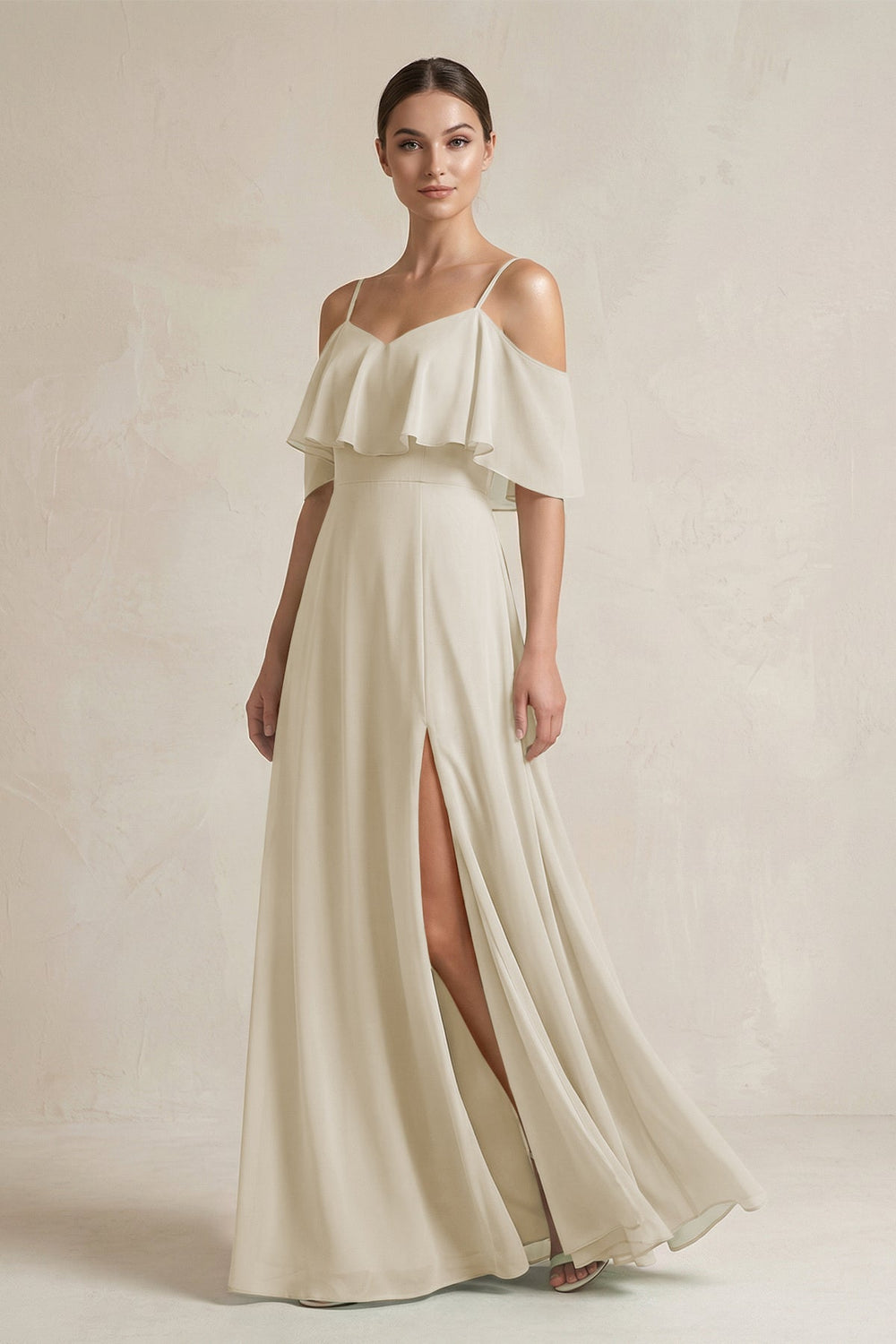 Ruffled Off - the - Shoulder A - Line Chiffon Bridesmaid Gown in Dove Gray - SHE IS ME Bridesmaid Dresses