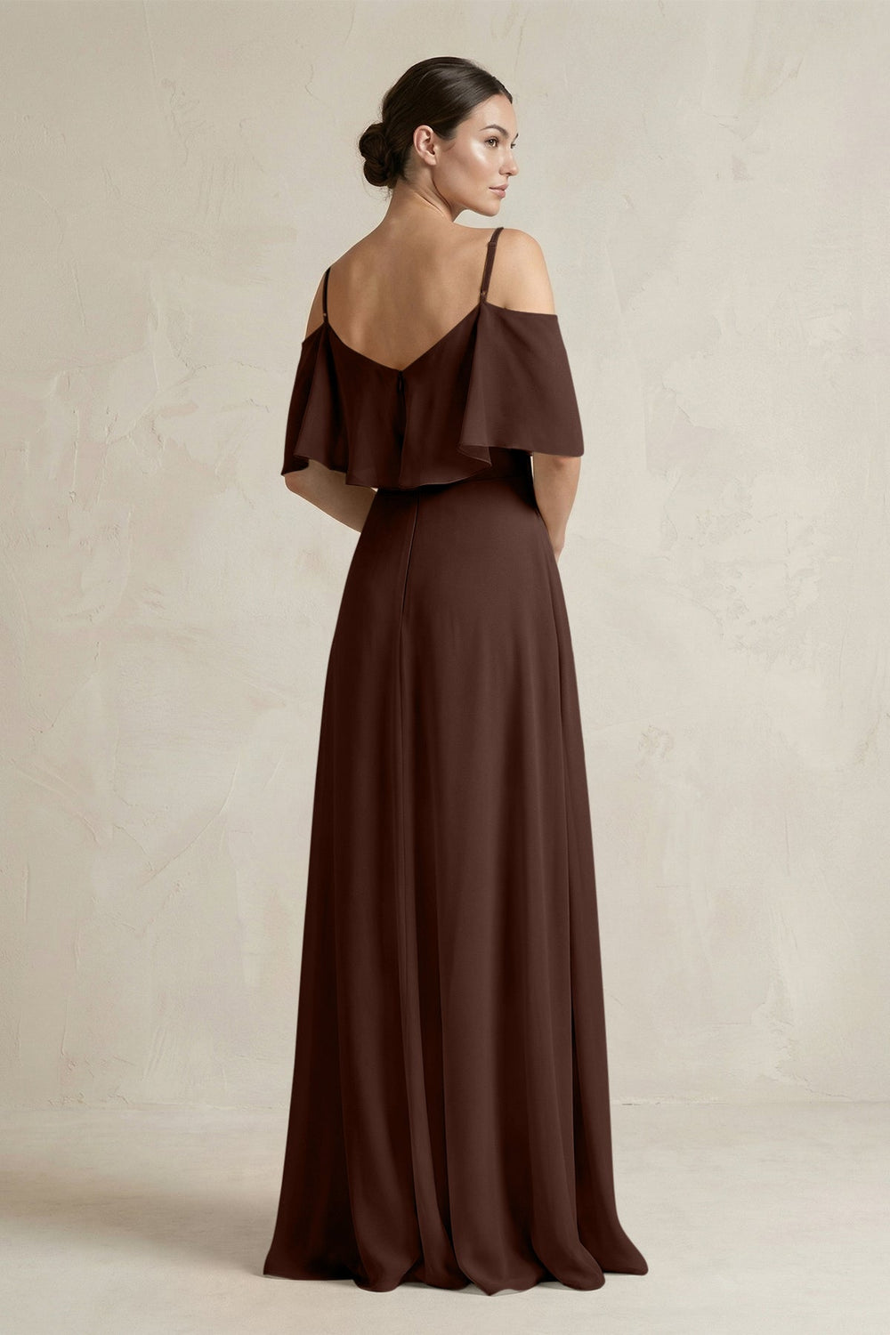 Ruffled Off - the - Shoulder A - Line Chiffon Bridesmaid Gown in Espresso - SHE IS ME Bridesmaid Dresses