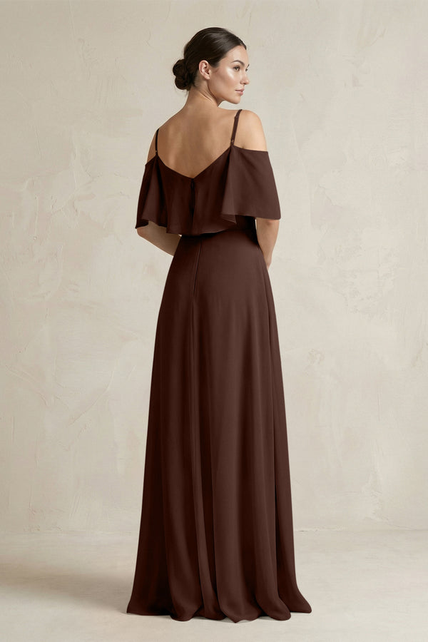 Ruffled Off - the - Shoulder A - Line Chiffon Bridesmaid Gown in Espresso - SHE IS ME Bridesmaid Dresses