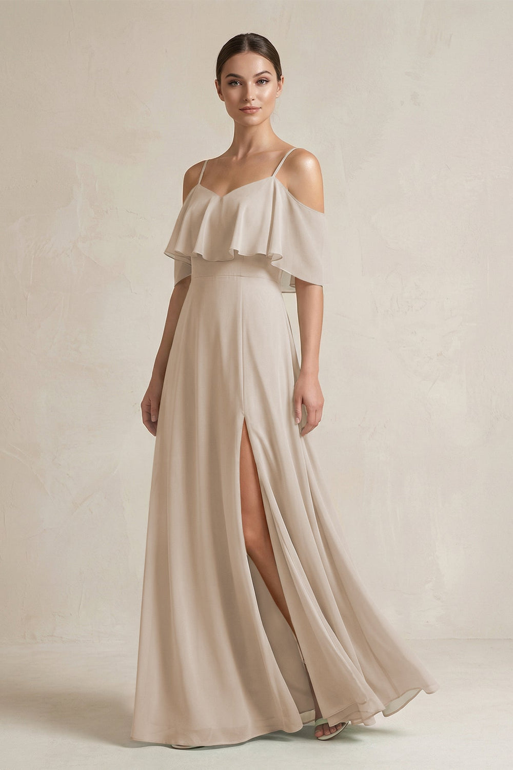 Ruffled Off - the - Shoulder A - Line Chiffon Bridesmaid Gown in Frost - SHE IS ME Bridesmaid Dresses