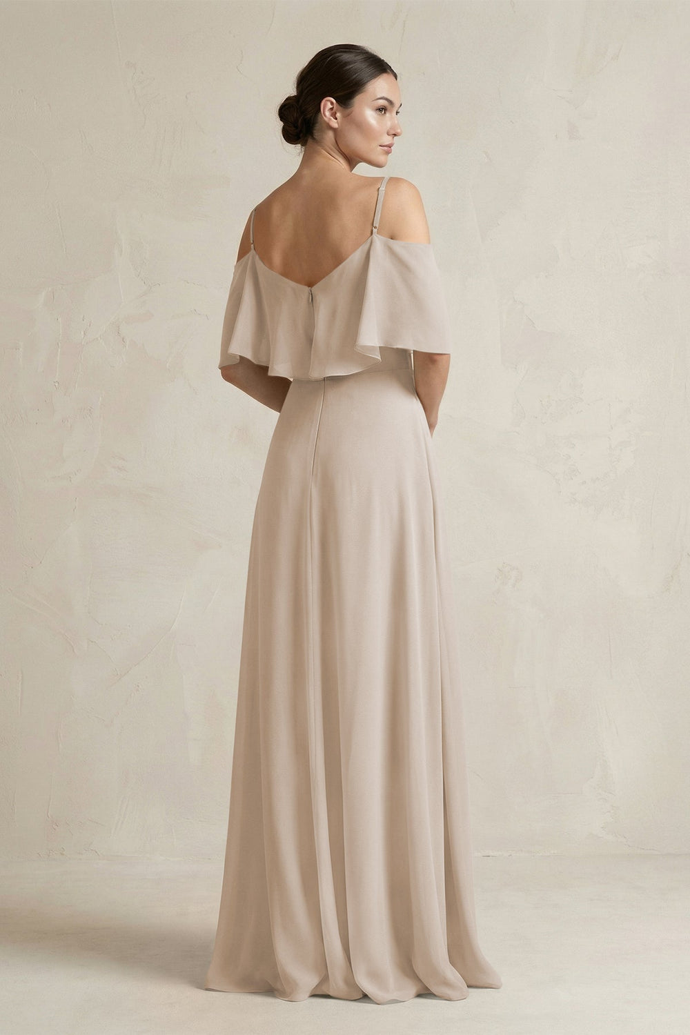 Ruffled Off - the - Shoulder A - Line Chiffon Bridesmaid Gown in Frost - SHE IS ME Bridesmaid Dresses