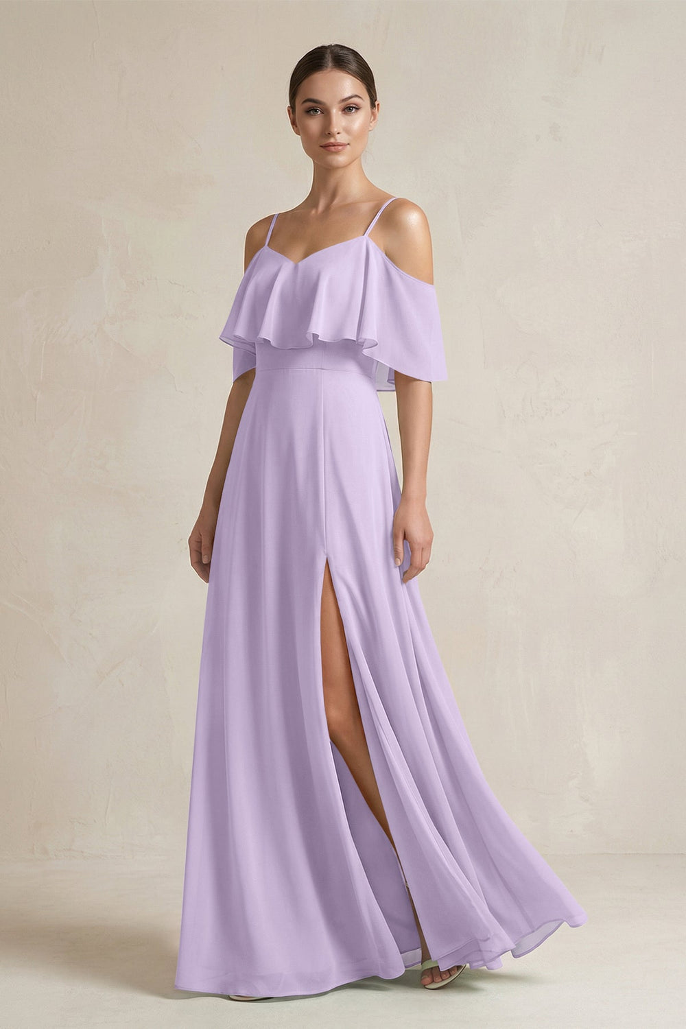Ruffled Off - the - Shoulder A - Line Chiffon Bridesmaid Gown in Lavender - SHE IS ME Bridesmaid Dresses