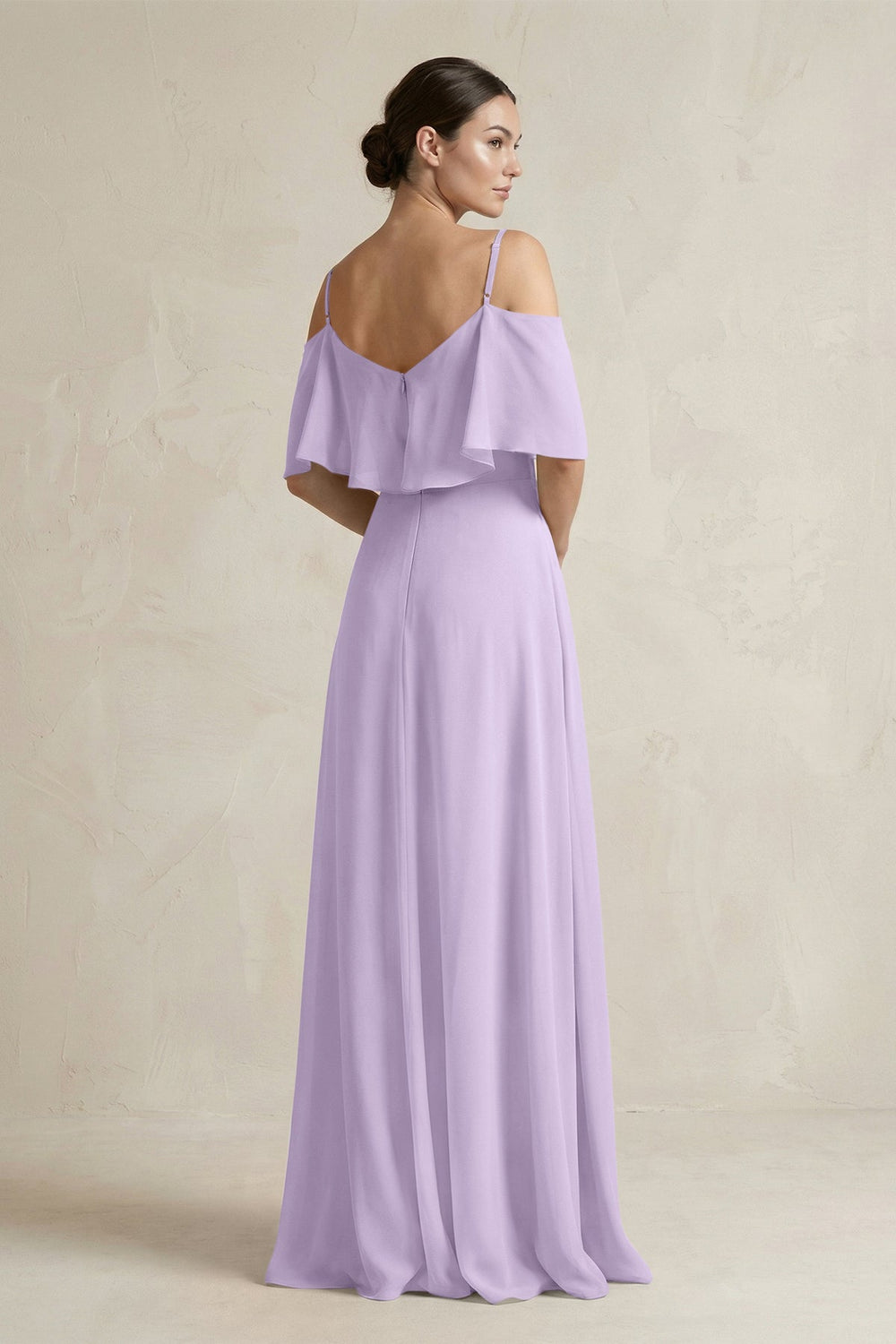 Ruffled Off - the - Shoulder A - Line Chiffon Bridesmaid Gown in Lavender - SHE IS ME Bridesmaid Dresses