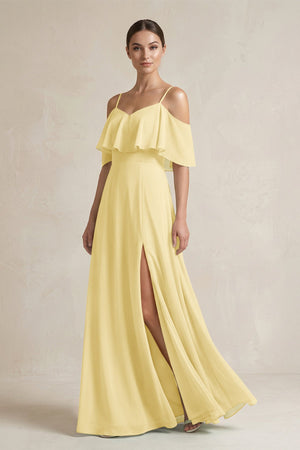 Ruffled Off - the - Shoulder A - Line Chiffon Bridesmaid Gown in Pastel Yellow - SHE IS ME Bridesmaid Dresses