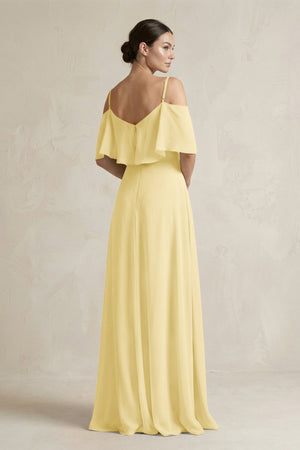 Ruffled Off - the - Shoulder A - Line Chiffon Bridesmaid Gown in Pastel Yellow - SHE IS ME Bridesmaid Dresses