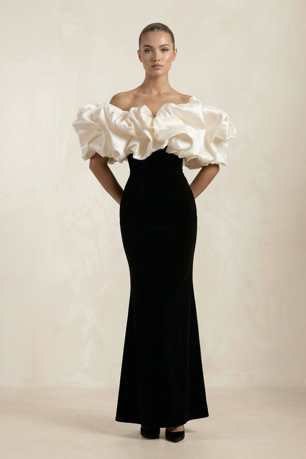 Ruffled Off - the - Shoulder Mermaid Satin Wedding Dress in Black - SHE IS ME Wedding Dresses