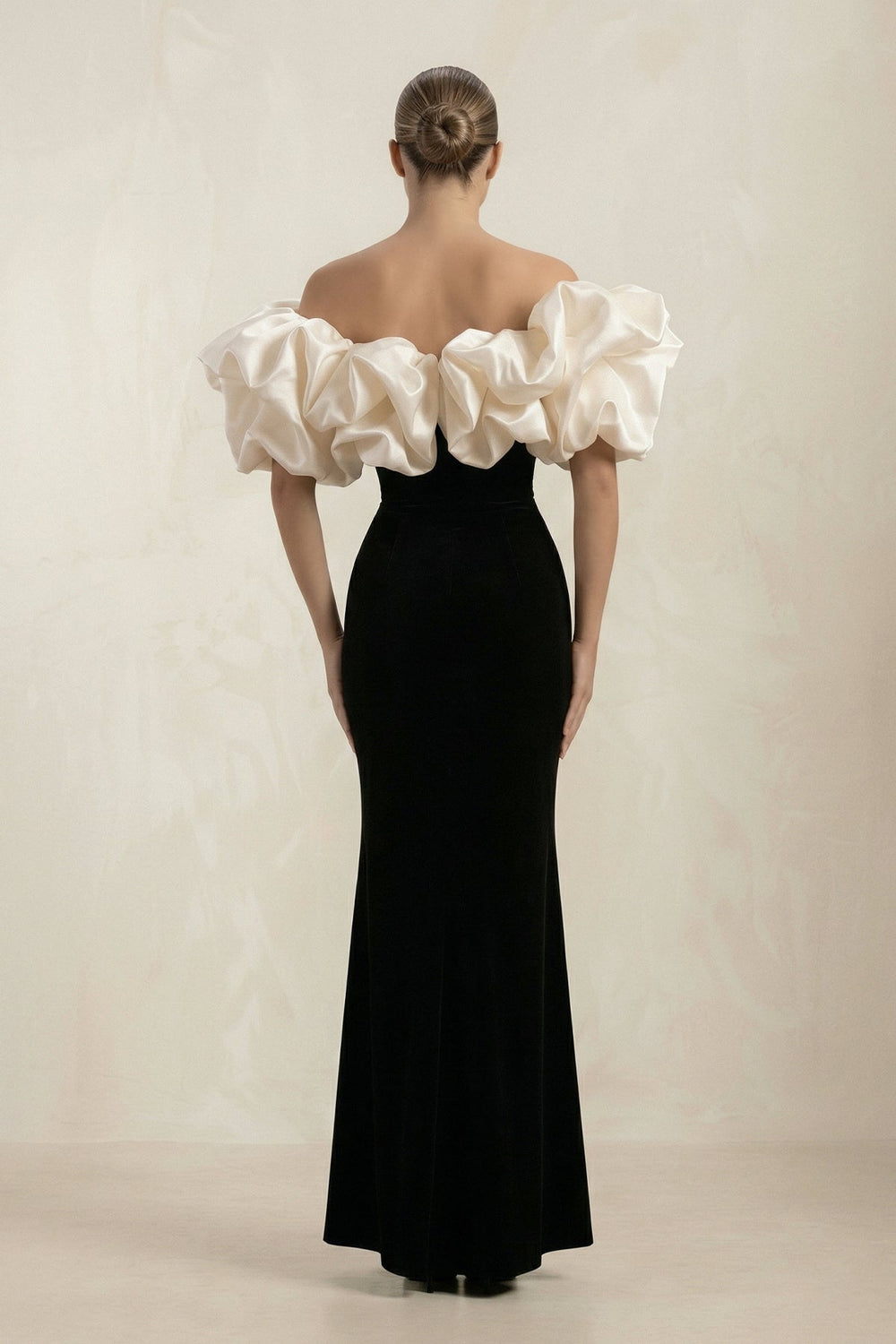 Ruffled Off - the - Shoulder Mermaid Satin Wedding Dress in Black - SHE IS ME Wedding Dresses