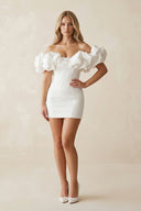 Ruffled Off - the - Shoulder Sheath Satin Wedding Dress in White - SHE IS ME Wedding Dresses