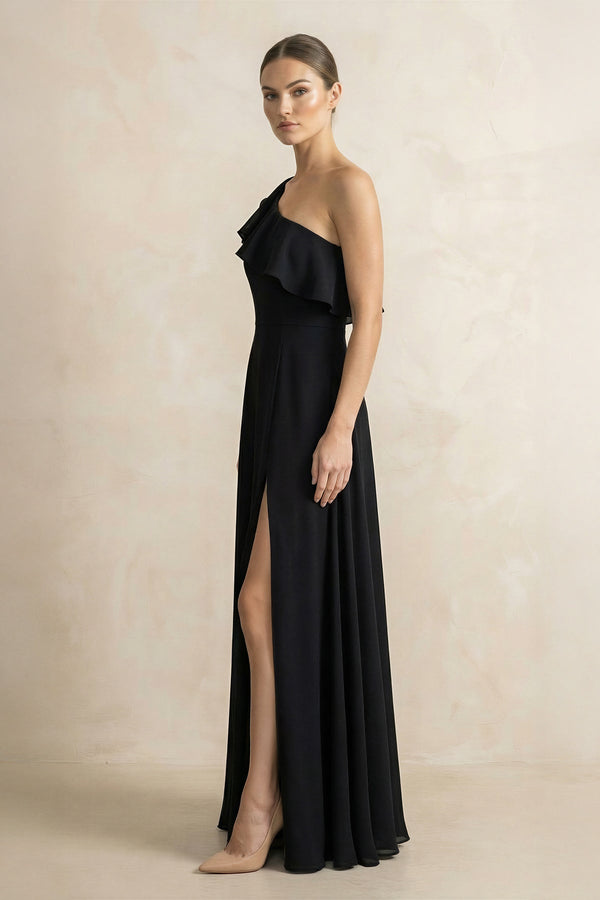 Ruffled One - Shoulder A - Line Chiffon Bridesmaid Dress in Black - SHE IS ME Bridesmaid Dresses