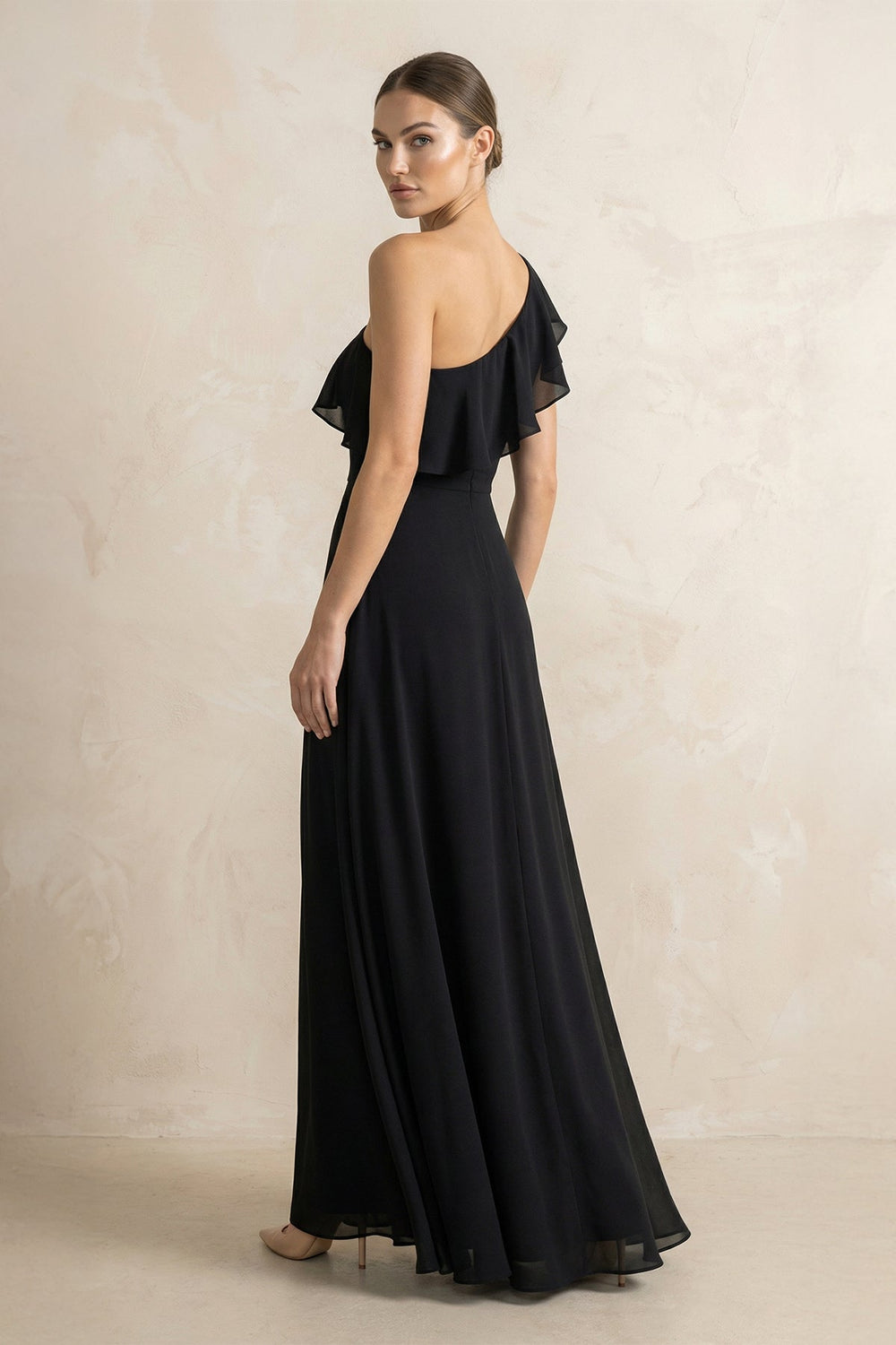 Ruffled One - Shoulder A - Line Chiffon Bridesmaid Dress in Black - SHE IS ME Bridesmaid Dresses