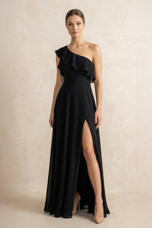 Ruffled One - Shoulder A - Line Chiffon Bridesmaid Dress in Black - SHE IS ME Bridesmaid Dresses