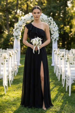 Ruffled One - Shoulder A - Line Chiffon Bridesmaid Dress in Black - SHE IS ME Bridesmaid Dresses